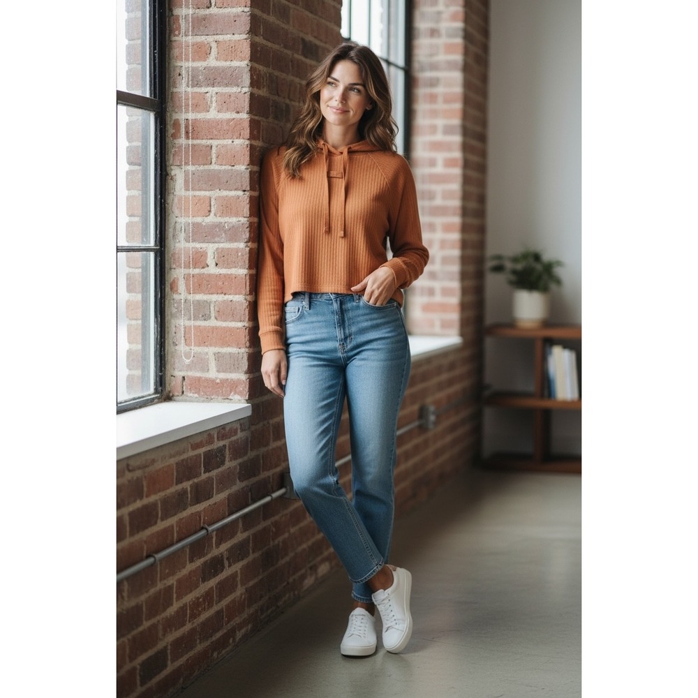 Nike Womens Ribbed Cropped Hoodie Burnt Orange Rust‎ Small Cotton Pullover Swish